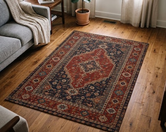 Distressed Turkish Oriental Rug: Red Navy Blue Teal Beige, Machine Washable, Non-Slip Area Rug