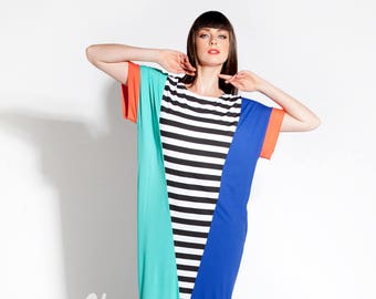 Women Kaftan Dress With Color Blocks And Stripes, Colorful Loose Dress, Plus Size Striped Dress, Plus Size Clothing, Geometric Dress