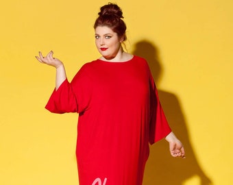 Women's Valentine Dress, Red Plus Size Kaftan Dress, Plus Size Maxi Dress, Loose Fit Maxi Dress, Minimalist Dress