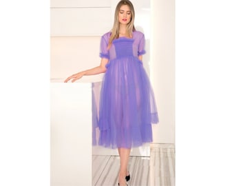 Lavender Dress in Tulle, Villanelle Dress, Overall Dress, Tulle Dress, Sheer Dress, Transparent Dress, Avant Garde Clothing, Party Dress