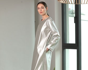 Leather Dress, Silver Dress, Long Sleeve Dress, Winter Dress, Pocket Dress, Extravagant Dress, Futuristic Clothing, Metallic Dress, Loose