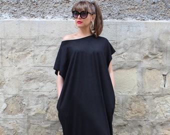 Black Robe, Black Caftan Dress, Black Maxi Dress, Beach Dress, Comfy Dress, Kaftan Dress, Plus size Dress, Loose Long Dress,Off The Shoulder