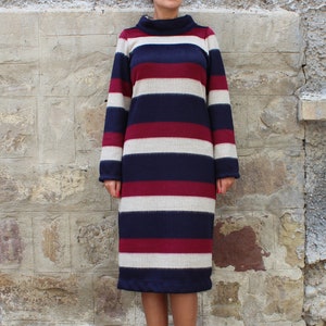 Vestido de venta, vestido suéter de invierno, vestido de cuello alto, vestido de vellón, vestido elegante a rayas, vestido de manga larga, vestido de jersey, vestido cálido