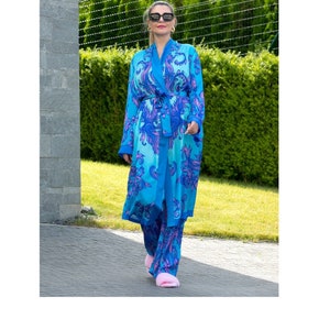 Blue Matching Set Women, Kimono Robe and Pants Set, Kimono Co-ord Set for Women, Blue Palazzo Trousers and Kimono Robe, Resort Wear