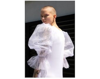 A Line White Maxi Dress with Tulle Sleeves