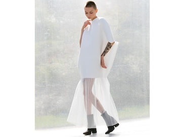 Avant Garde Dress, White Tulle Dress, Futuristic Clothing, Geometric Dress, Circle Dress, Plus Size Clothing, Extravagant Dress, Neoprene