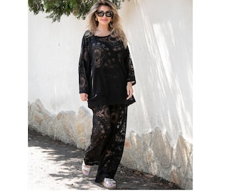 Black Lace Wide Leg Pants Suit Set for Women, Black Loose Tunic and Black Pants, Gift for Women Set in Black, Plus Size Set, Two Piece Set