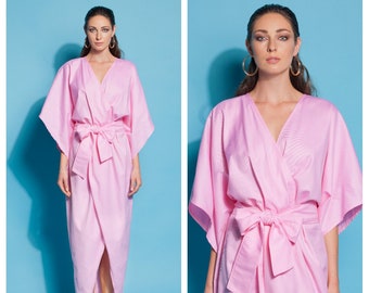 Pink Kimono Dress, Wrap Dress, Cotton Kimono Dress, Plus Size Clothing, Belt Dress, Wide Sleeve Dress, Plus Size Dress, Long Boho Dress