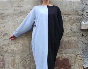 Color Block Dress, Midi Women Dress, Two Tone Long Cotton Dress, Cover Up Body Dress, Leisure Warm Outfit