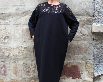 Black Midi Dress With Lace Neckline, Plus Size Clothing, Long Sleeve Evening Dress, Black Formal Dress With Loose Fit, Women's Dress Black