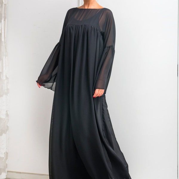 Schwarzes Maxi Kleid, Chiffon Kleid, Lockeres Kleid, Elegantes Kleid, Plus Size Kleid, Abendkleid, Langarm Kleid, Winter Kleid, Formelles Kleid