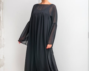 Robe maxi noire, robe en mousseline de soie, robe ample, robe élégante, robe grande taille, robe de soirée, robe à manches longues, robe d'hiver, robe formelle