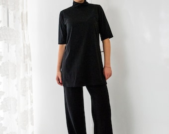 Black Women Set, Black Palazzo Pants Set, Black Maxi Pants Set, Wide Leg Pants And Tunic Set, Black High Neck T-shirt With Pants, Homewear