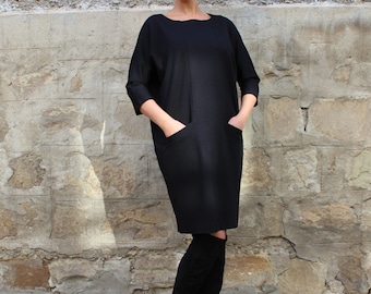 Black Midi Dress, Long Sleeve Dress With Pockets, Little Black Dress, Plus Size Clothing, Cocktail Dress, Winter Dress, Oversize Dress