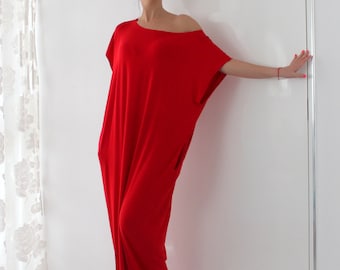 Abito rosso di San Valentino, abito lungo rosso, abito da spiaggia, abito con spalle scoperte, abito lungo rosso, abbigliamento taglie forti, copricostume, abito caftano, regalo
