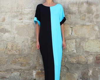 Color Block Dress In Black And Blue, Summer Maxi Dress, Long Kaftan Women, Loungewear Dress Plus Size