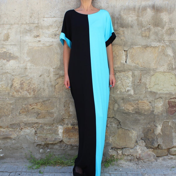 Color Block Jurk in zwart en blauw, zomer maxi jurk, lange kaftan vrouwen, loungewear jurk plus size