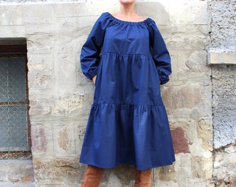 Denim Midi Dress with Puff Sleeves, Plus Size Dress in Blue