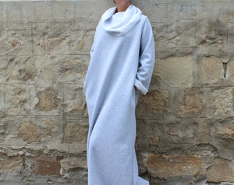 Gray Turtleneck Maxi Dress: Winter Cotton Loungewear with Pockets