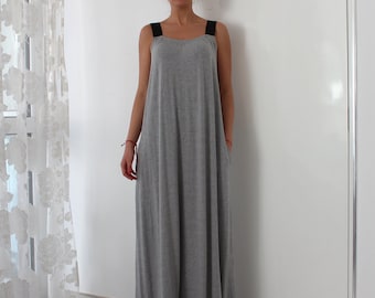 Summer Dress, Wide Strap Maxi Dress in Gray, Summer Maxi Dress, Day Dress For Summer, Open Back Dress, Plus Size Maxi Dress