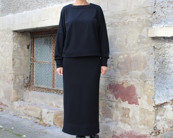 スカート Basic sweatshirt long skirt black Buy Black Longer Length Pull-On Jersey Stretch School Skater