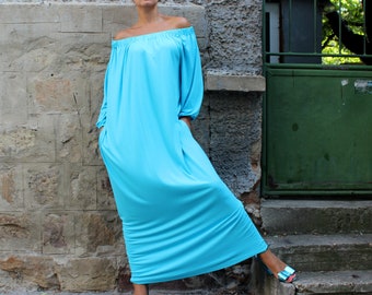 Turquoise Maxi Dress, Caftan, Off shoulders dress, Abaya dress, Long sleeves dress, Dress with pockets, Casual dress, Long dress