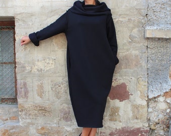 Black Jumper Dress, Black Cozy Dress, Black Winter Dress, Black Oversized Loose Dress, Turtleneck Dress, Black Sweater Dress, Casual Dress