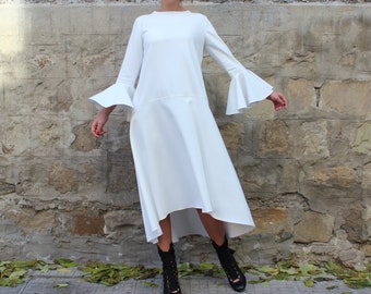White Midi Dress, Midi Wedding Dress, Plus Size Dress, Fall Dress, Cocktail Dress Elegant, Long Sleeve Dress