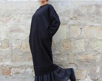 Black Winter Dress, Plus Size Dress, Abaya Dress, Black Jumper Dress, Gothic Dress, Oversize Dress, Black Warm Dress, Pocket Dress