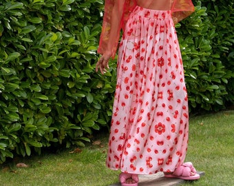 Cherry Skirt in Pink Satin Maxi Skirt, Long Skirt, High Waisted Skirt, A Line Skirt, Cherry Print