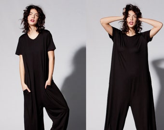Combinaison pour femmes avec poches, combinaison Harem taille plus, combinaison minimaliste, combinaison noire avec coupe ample, combinaison à manches courtes