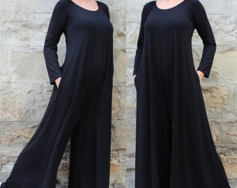 Jumpsuit voor dames, jumpsuit met wijde pijpen in zwart, losse pasvorm jumpsuit, plus size kleding, Palazzo jumpsuit, zwarte overall