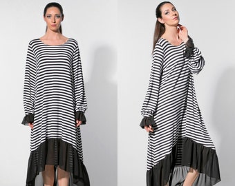 High Low Dress, Striped Dress, High Low Maxi Dress, Ruffle Dress, Black and White Dress, Plus Size Maxi Dress, Long Sleeve Maxi Dress