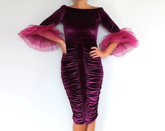 Holiday Cocktail Velvet Dress in Purple, Evening Dress, Party Dress, Bodycon Dress, Wedding Guest Dress