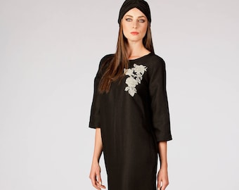 Vente robe, robe de lin noir, robe élégante en lin noir, vêtements en lin, robe brodée, robe de broderie faite à la main, robe minimaliste