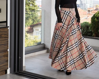 Elegant Tartan Skirt, Flare Plaid Maxi Skirt, High Waist Skirt, Full Skirt