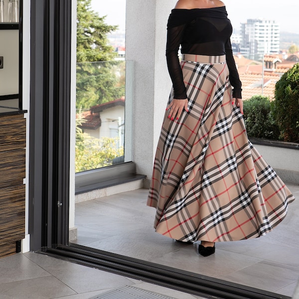 Elegant Tartan Skirt, Flare Plaid Maxi Skirt, High Waist Skirt, Full Skirt