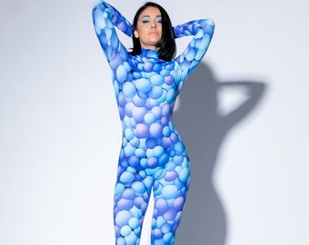 Festival Bodysuit in 3D Print, Rave Outfit, Catsuit in Bubbles in Blue and Purple, Spandex Catsuit, Festival Clothing