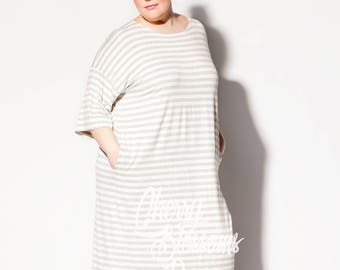 Plus Size Striped Viscose Dress, 4XL Maxi Dress with Pockets