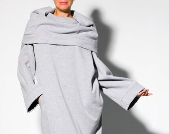 Robe grise femmes, robe ample, robe d’hiver, robe à col roulé, robe Kaftan, robe pull, robe plus taille, robe de poche, vêtements de taille plus