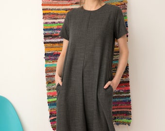 Linen Jumpsuit for Women, Baggy Jumpsuit with Pockets and Belt, Maxi Jumpsuit, Gray Harem Jumpsuit, Linen Clothing, Drop Crotch Jumpsuit