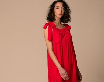 Red Valentine Dress with Shoulder Ribbons, Maxi Dress, Red Summer Dress, Loose Fit Dress, Plus Size Clothing, Red Bridesmaid Dress