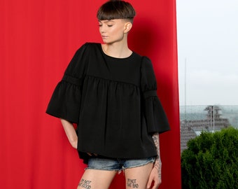 Women Black Top, Ruffle Top, Wide Sleeve Top, Plus Size Clothing, Bohemian Blouse, Black Loose Top, Gothic Top, Elegant Blouse, Cocktail