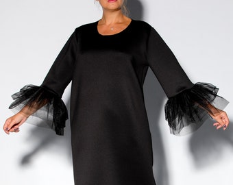 Black Neoprene Dress, Formal Dress, Statement Sleeves Dress, Loose Dress, Plus Size Clothing, Extravagant Dress, Winter Dress, Cocktail