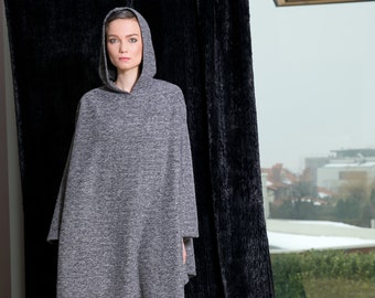 レディースポンチョ、グレーのフード付きポンチョケープ、ニットポンチョ、レディースマント、アシンメトリーポンチョ、フード付きマント、プラスサイズウェア、秋用ポンチョ