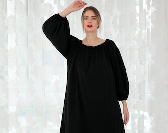 Black Cotton Dress, Plus Size Formal Dress, Black Dress With Bishop Sleeves, Plus Size Clothing, Maxi Dress With Belt, Long Black Dress