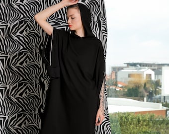 Black Dress With Zippers Sleeves And Hood, Dress For Women With Cutout Sleeves, Hooded Dress in Black, Plus Size Clothing, Cotton Maxi Dress