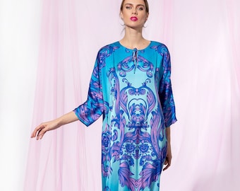 Satin Loungewear Women, Satin Maxi Dress With Loose Fit, Plus Size Clothing, Long Blue Dress, Turquoise Summer Kaftan