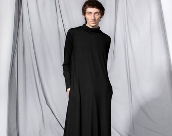 Túnica de hombre en negro, vestido unisex, maxi vestido para hombres, vestido minimalista, ropa futurista para hombres, vestido negro de manga larga