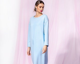 Sky Blue Maxi Dress, Minimalist Dress, Cotton Dress With Long Sleeves, Casual Dress, Loose Fit Dress, Minimalist Clothing, Simple Dress